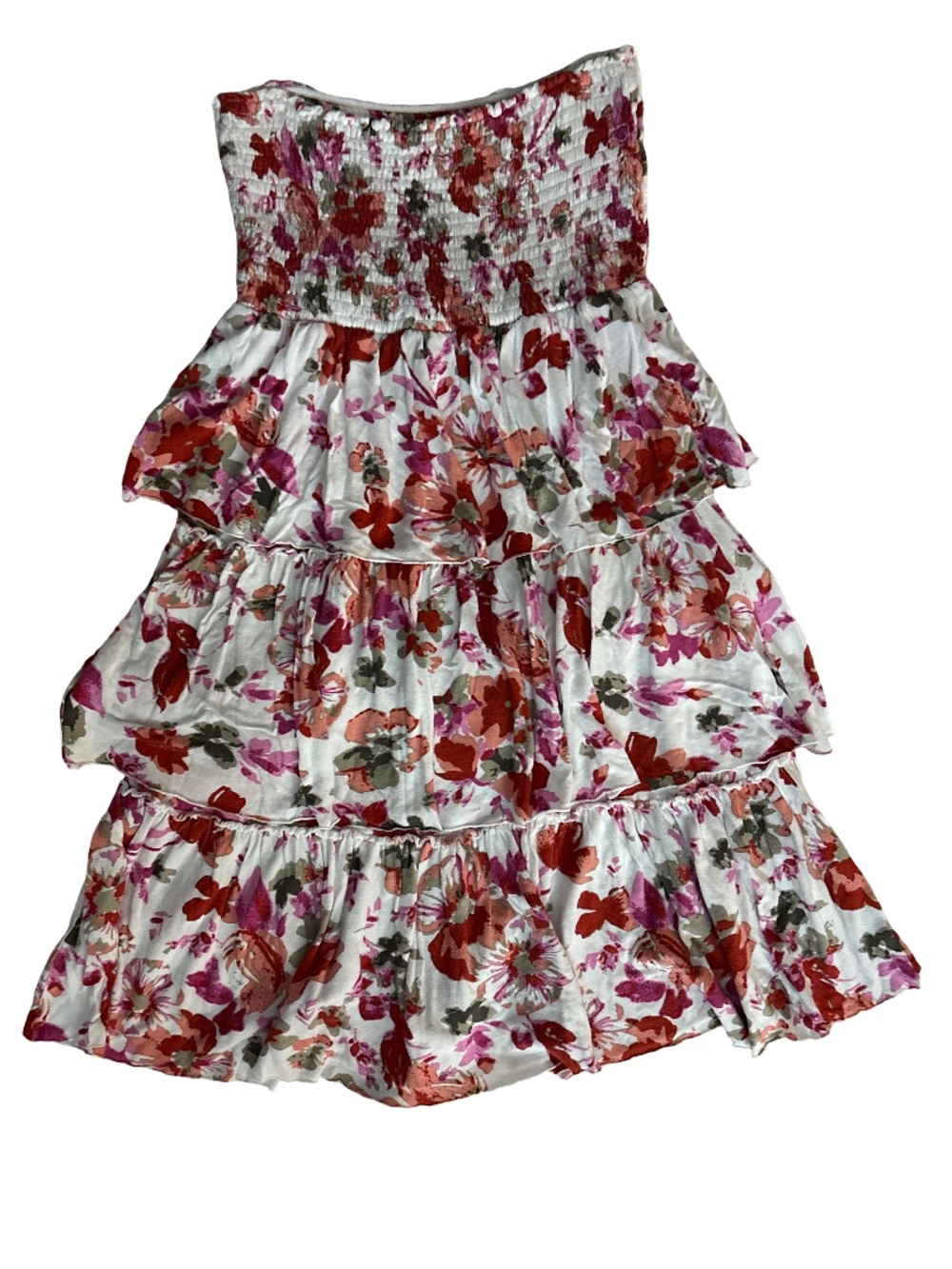 Strapless Tiered Floral Sundress in White with Pink & Red Flowers